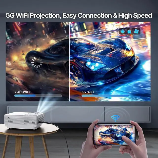 Alt view image 3 of 7 - Mini Projector with WiFi Android Systerm , 12000L Native 1080P HD Projector 4K Supported, Portable Phone Projector for Android and IOS, HDMI/USB/PC/TV Stick/Switch Supported (White)