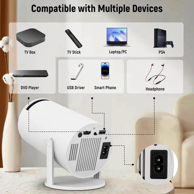 Alt view image 7 of 7 - Mini Projector, Projector with WIFI 6 and Bluetooth5.4, 4K 1080P Portable Movie Projector, 180°Rotatable Max 130" Screen, Auto Vertical Keystone, Compatible with Smartphone/Laptop/HDMI/USB (White)