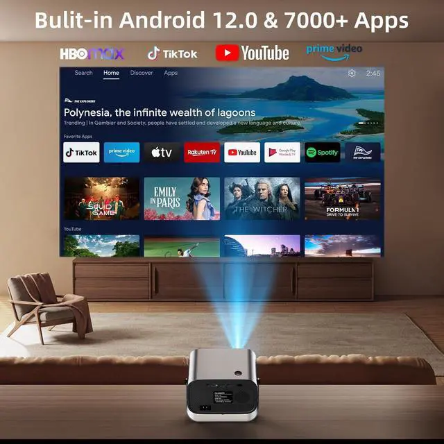 Alt view image 3 of 7 - Smart Projector with WIFI and Bluetooth, Portable 800ANSI Native 1080P Movie Projector Built-in Apps, Auto Keystone & Electric Focus, Home Theater Projector Compatible with IOS/Android/HD