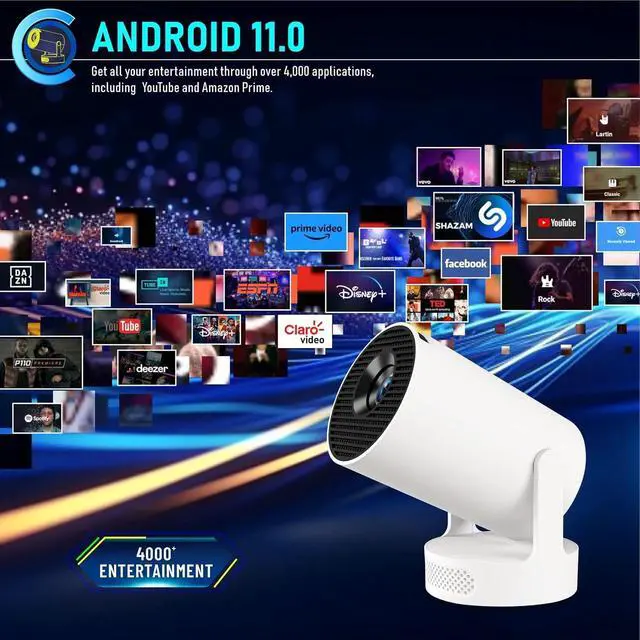 Alt view image 3 of 7 - Mini Projector Smart Projector WiFi 6 Bluetooth 5.4 5W Soundbase Speaker, 180° Rotation, 720P Android 11.0 170 ANSI Lumens 110-inch Screen,Portable Proyector for Home Theater
