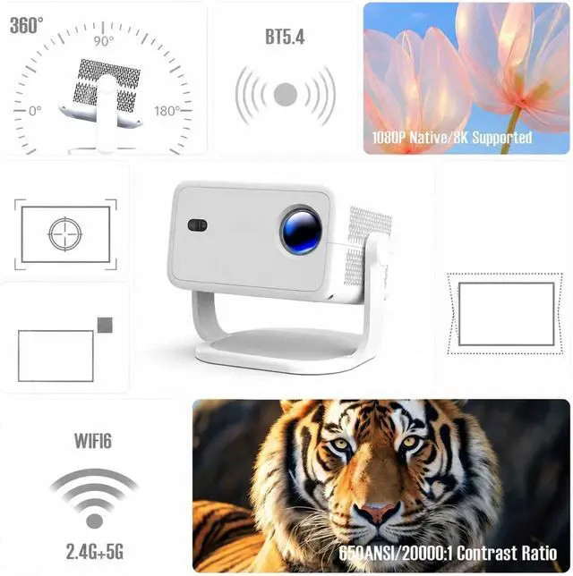 Alt view image 4 of 7 - Mini Projector 1080P 650ANSI 8K Android14 L018 Projector With Auto Keystone Correction Wifi6 BT5.4 Portable Movie Outdoor for Movie Home Outdoor