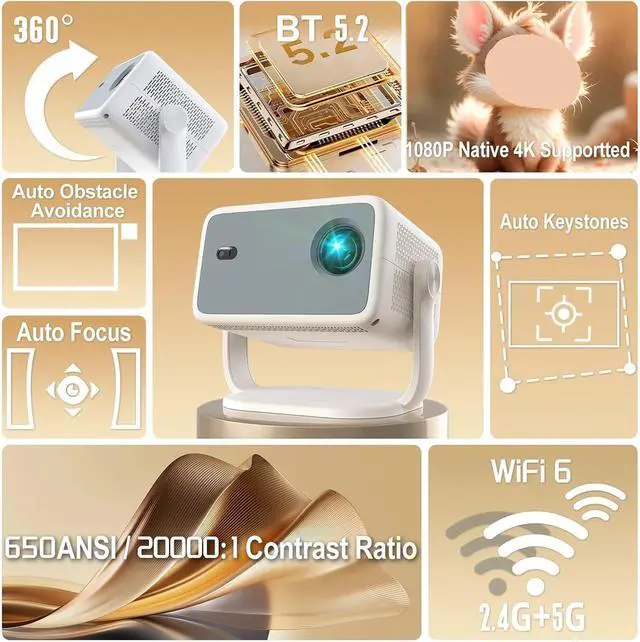 Alt view image 3 of 4 - Mini Projector, Projector Portable 4K Native Wifi6 BT5.2 1080P TP350 Auto Keystone Correction ,Indoor & Outdoor Use