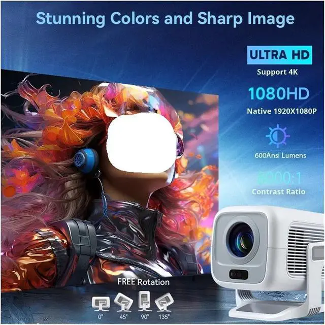 Alt view image 3 of 4 - Mini Projector, HD Projector Native 1080P Support 4K WIFI6 BT5.4 Mini Portable Led Home Theater Video ,Indoor & Outdoor Use