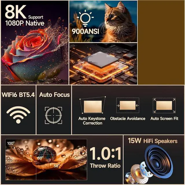 Alt view image 3 of 5 - Mini Projector, Auto 900ANSI 4K Projector 8K Native 1080P With Wifi6 BT5.4 Portable Outdoor ,Indoor & Outdoor Use