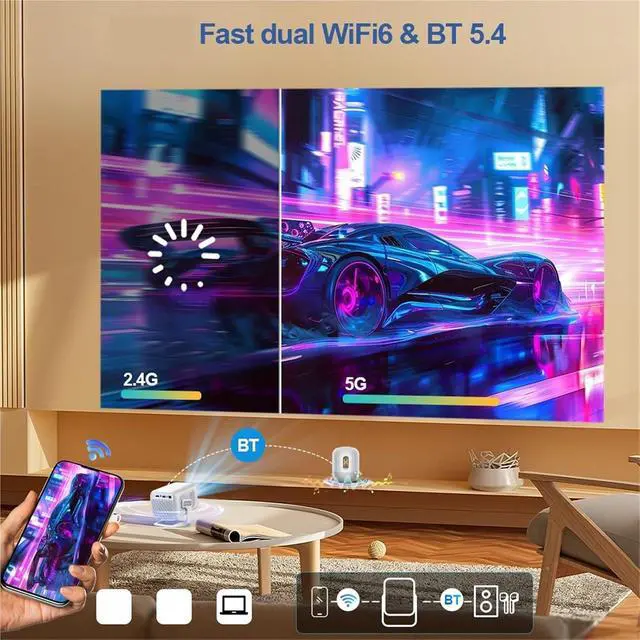 Alt view image 5 of 6 - Mini Projector, Native 1080P Projector 4K WIFi BT5.4 Auto Projetor Smart Home Theater Video Mini Portable ,Indoor & Outdoor Use