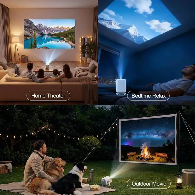 Alt view image 4 of 7 - Mini Projector with WiFi 6 and Bluetooth 5.2, Native 1080P Full HD 4K Supported, Auto Keystone & 180° Rotatable, Android 14 Smart Projector for Home/Outdoor Movies