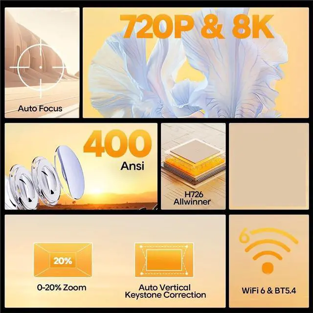 Alt view image 5 of 5 - Mini Projector, Auto 4K Projector 400ANSI 8K Native 720P Max With Wifi6 BT5.4 Portable Outdoor ,Indoor & Outdoor Use
