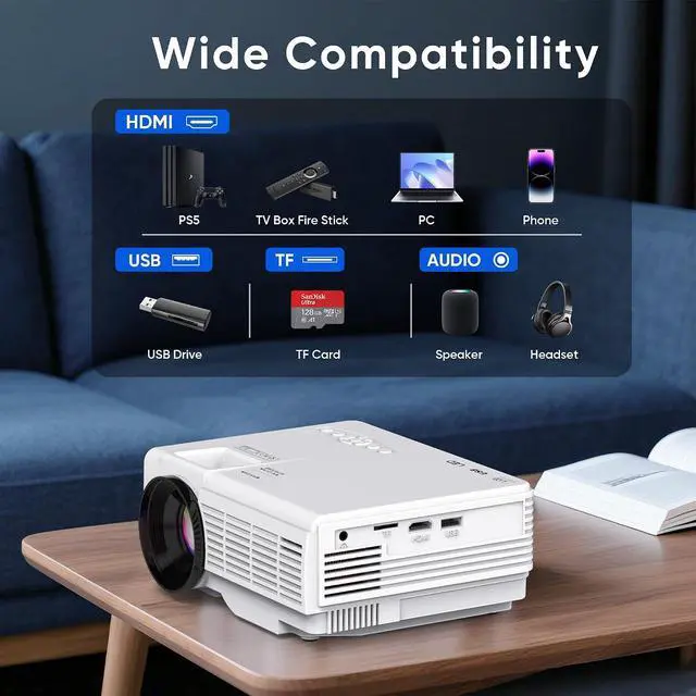 Alt view image 3 of 5 - Mini Projector with Screen, Bluetooth 5.2, FHD 1080P Supported Portable Outdoor Projector for Home, Compatible with TV Stick/Phone/HDMI
