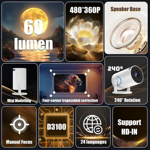 Alt view image 7 of 7 - V4 Mini Projector for Bedroom/Outdoor,Smart Projector with 2.4G WiFi+D3100 CPU,Portable Projector+HD-IN,480×360P,60 Lumen,Compatible with Smartphones/Laptops/TV(White) (Wired)