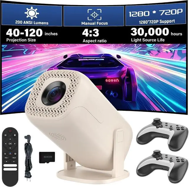 Main image of Mini Video Projector with WiFi and Bluetooth, 720P 200 ANSI, Android 14, Compatible with 36000+ Games 14 Emulators, 180° Rotatable Smart Projector for Home Theater, Outdoor (U5,Cream White)