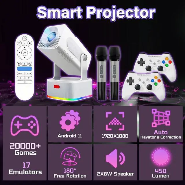 Alt view image 2 of 7 - HCS350 PLUS 4-in-1 Mini Projector with 3D Games/Karaoke/2×8W Speaker,WiFi6 + BT5.4 1080P Game Projector,Android 11 450 Lumens,Auto Keystone+Electric Focus,Portable Projectors for Home/Outdoor (White)