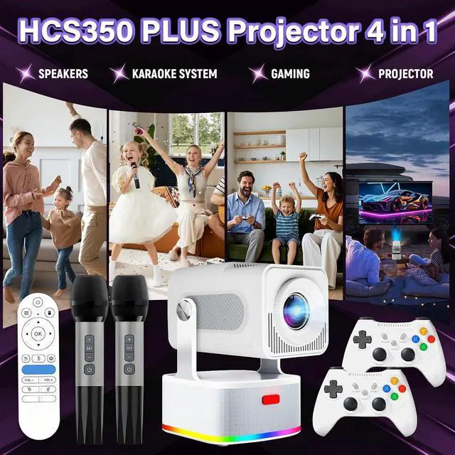 Alt view image 3 of 7 - HCS350 PLUS 4-in-1 Mini Projector with 3D Games/Karaoke/2×8W Speaker,WiFi6 + BT5.4 1080P Game Projector,Android 11 450 Lumens,Auto Keystone+Electric Focus,Portable Projectors for Home/Outdoor (White)