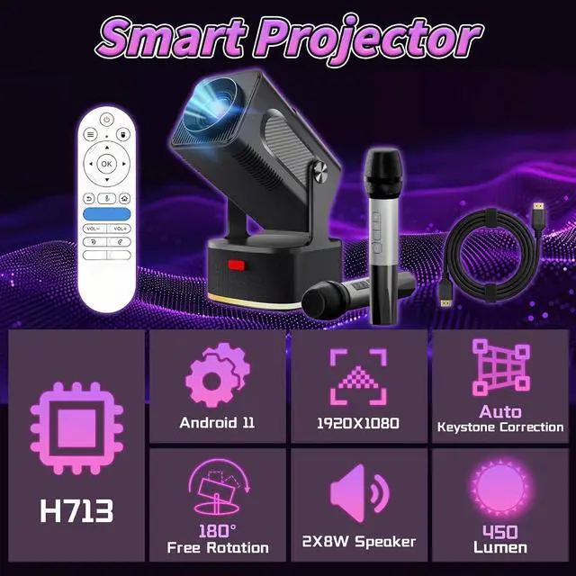 Alt view image 3 of 7 - HCS350KTV 3-in-1 Portable Projector/Karaoke/Speaker,with Dual Mic,1080P Mini Projector with WiFi and Bluetooth,Android 11 450 Lumens,Auto Keystone&Electric Focus,2x8W Speaker,for Home/Outdoor (Black)