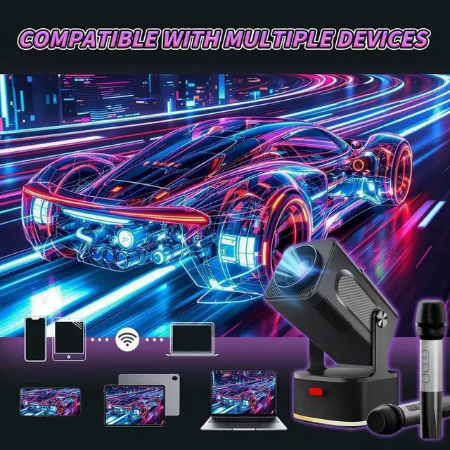Alt view image 6 of 7 - HCS350KTV 3-in-1 Portable Projector/Karaoke/Speaker,with Dual Mic,1080P Mini Projector with WiFi and Bluetooth,Android 11 450 Lumens,Auto Keystone&Electric Focus,2x8W Speaker,for Home/Outdoor (Black)