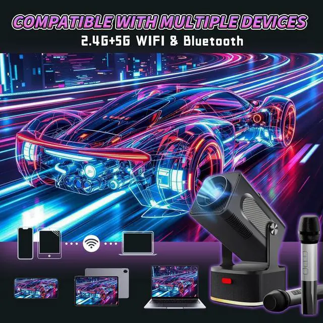 Alt view image 7 of 7 - HCS350KTV 3-in-1 Portable Projector/Karaoke/Speaker,with Dual Mic,1080P Mini Projector with WiFi and Bluetooth,Android 11 450 Lumens,Auto Keystone&Electric Focus,2x8W Speaker,for Home/Outdoor (Black)