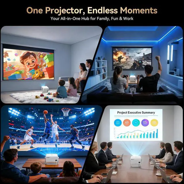 Alt view image 7 of 7 - 4K Projector with Officially-Licensed APPs, Smart Projector with WiFi and Bluetooth, Native 1080P Home Theater Projector, Auto Focus/Keystone, 360° Rotation Proyector for Bedroom/Home Theater/Outdoor