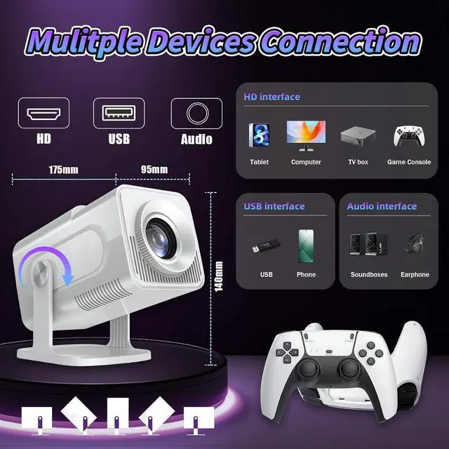 Alt view image 2 of 7 - HCS350 MAX Mini Game Projector,10000+ Games,Compatible with 17 Simulators,2.4G+5G WiFi+BT,Android 11,Allwinner H713,1280×720P,Electric Focus,Support HD-IN,Portable Projector for Home/Outdoor(White)