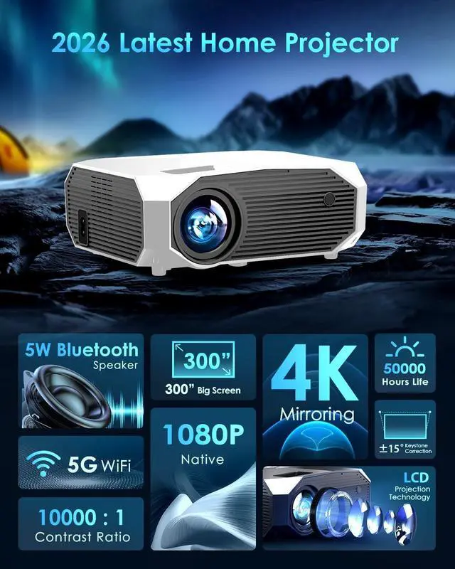 Alt view image 2 of 7 - YOWHICK 4K Projector with WiFi and Bluetooth, 20000L Native 1080P Outdoor Portable Movie Projector, Smart Video Projector, White 1080p