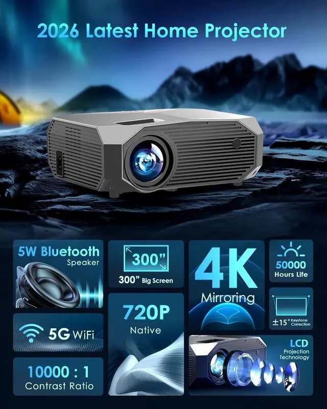 Alt view image 2 of 7 - YOWHICK 4K Projector with WiFi and Bluetooth, 20000L Native 720P Outdoor Portable Movie Projector, Smart Video Projector, gray 720p