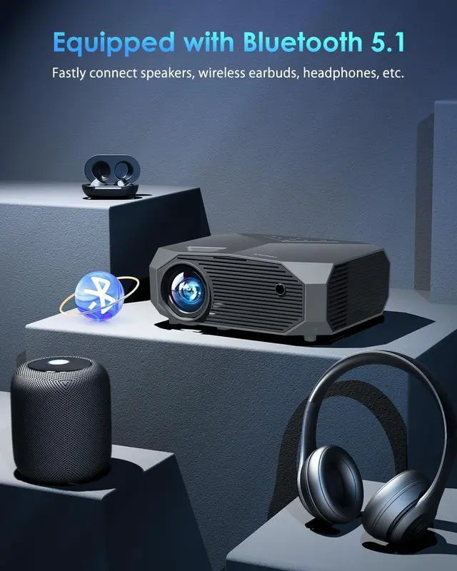 Alt view image 7 of 7 - YOWHICK 4K Projector with WiFi and Bluetooth, 20000L Native 720P Outdoor Portable Movie Projector, Smart Video Projector, gray 720p
