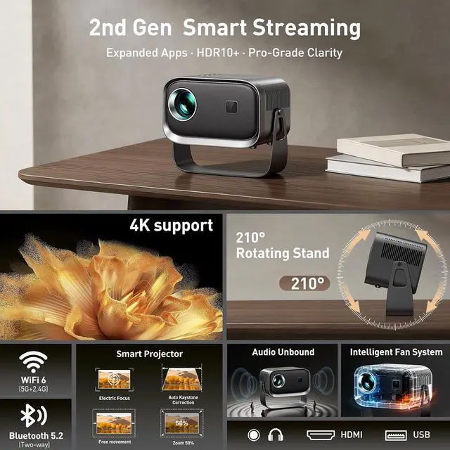 Alt view image 3 of 6 - SGV Mini Projector, Wi-Fi 6 BT 5.2, Integrated 5 W Speaker, 180° Tilt Head, Video Projector for Home, Bedroom, Camping Grey
