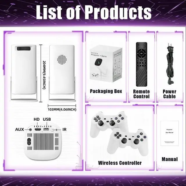 Alt view image 7 of 7 - P40PRO Mini Game Projector,36000+ Games,Compatible with 14 Simulators,2.4/5G WiFi+Bluetooth,Android 11,1024×600P,Allwinner H713,1GB+8GB,Support HD-IN,Portable Projector for Home/Outdoor(White)