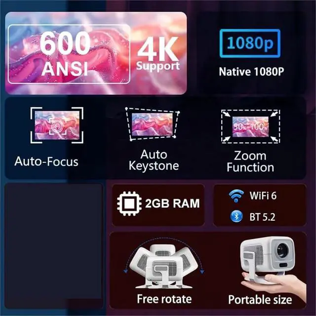 Alt view image 2 of 4 - Mini Projector, Projector 1080P Support 4K WIFI6 BT5.2 Auto- Auto-keystone Home Theater ,Indoor & Outdoor Use