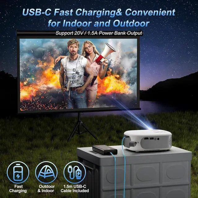 Alt view image 5 of 6 - 15000 Lumens Outdoor Movie Projector - Native 1080P HD Portable Projector with WiFi 6/Bluetooth 5.2, Compatible with iPhone, Android, Fire Stick, PS5, Xbox(USB-C Cable) ±15° Keystone