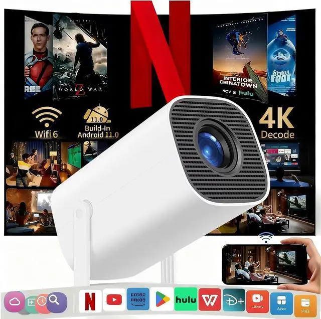 Alt view image 2 of 7 - Smart Projector with Android 11 OS, 4K Support & 720P Native Resolution, WiFi 6 & BT 5.0, Compact Home Theater Projector for Streaming, Gaming, Movies, Wireless Screen Mirroring, for 4K UHD Content