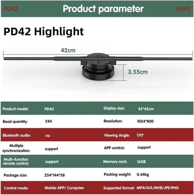 Alt view image 2 of 5 - 3D Hologram Fan, PD42 3D Fan Hologram Projector Wifi Display Logo Light Led Sign Holographic Lamp Advertising Three-Dimensional Projectors(PD42 HD)