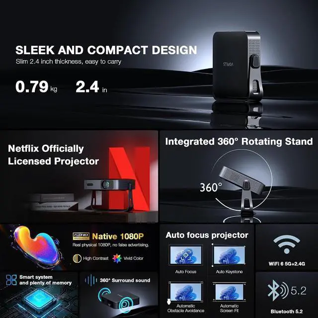 Alt view image 5 of 5 - Thinnest 2.4" Smart Mini Projector with WiFi and Bluetooth, Auto Focus & Keystone Portable Outdoor Projector, VOPLLS Home Movie Projector