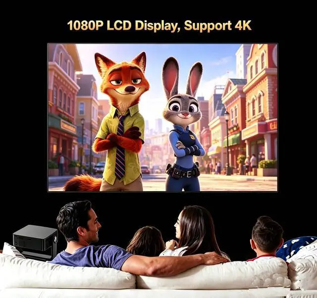 Alt view image 2 of 6 - Portable 4K WiFi Projector with Remote, Native 1080P Resolution, 120-Inch Screen, Wireless 5.2 for Home Theater, Gaming, Office