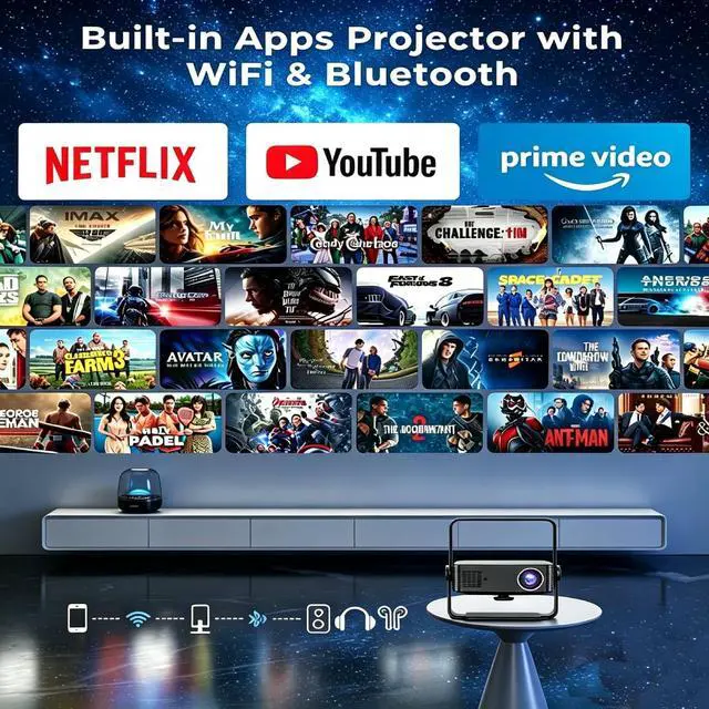 Alt view image 3 of 6 - Portable 4K WiFi Projector with Remote, Native 1080P Resolution, 120-Inch Screen, Wireless 5.2 for Home Theater, Gaming, Office