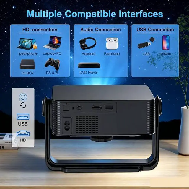 Alt view image 5 of 6 - Portable 4K WiFi Projector with Remote, Native 1080P Resolution, 120-Inch Screen, Wireless 5.2 for Home Theater, Gaming, Office