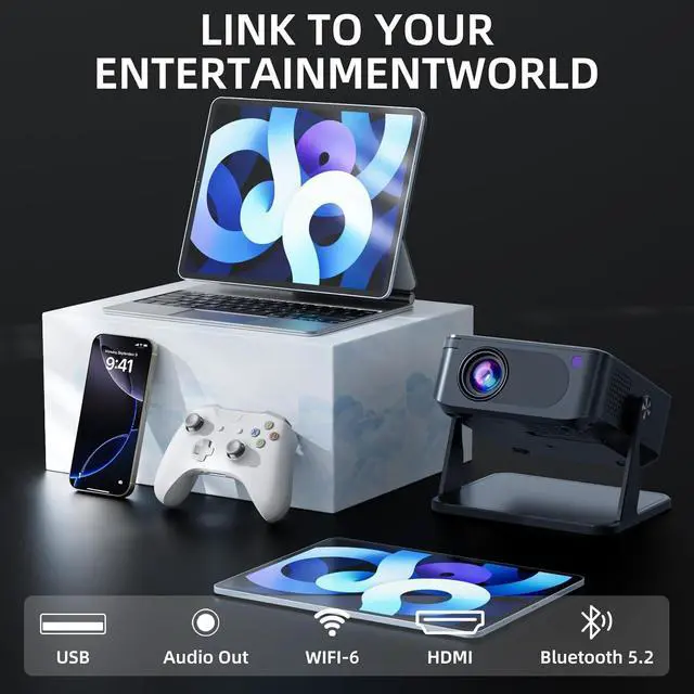 Alt view image 5 of 6 - Mini Projector with WiFi 6 and Bluetooth 5.2, Portable Projector 4K Support, Auto Vertical Keystone 270° Rotatable, Compatible with Smartphone/TV Stick/Box/USB/HDMI