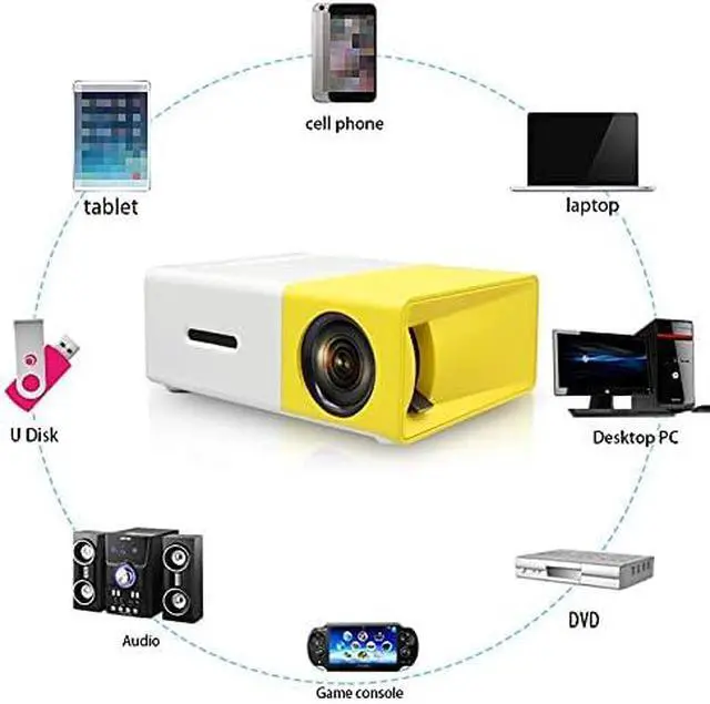 Alt view image 4 of 4 - Battery Version Mini Home Projector, 1080P HD, Home Theater Movie Projector, LED Video Projector, with HDMI USB TV AV Interface and Remote Control, Yellow and White