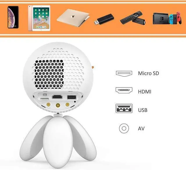 Alt view image 7 of 7 - Mini Projector Child Portable Projector Support HD 1080p LED Video Projector 360 Rotation Stereo Speaker with TV Stick Laptop DVD Xbox PS3 PS4 for Home Movie Party Games White (Yellow )