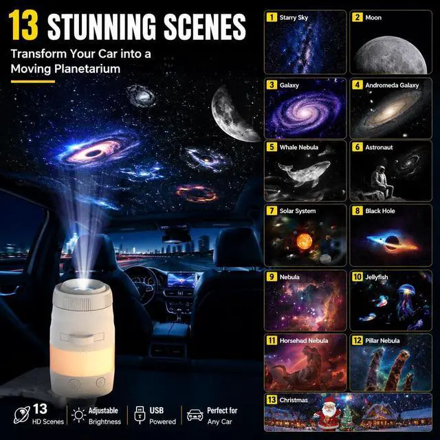 Alt view image 7 of 7 - 2027 Upgraded 2-in-1 Galaxy Projector Night Light, Plug and Play Ultra-HD Star Projector with 13 Films, 10 Night Light Modes, Portable Ceiling Projector for Bedroom, Room, Car (USB)