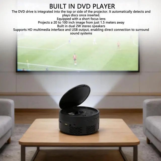Alt view image 4 of 7 - Portable DVD Projector, Movie Projector with Built in DVD Player, 1080P Support, 20 to 100 Inch Short Throw, Dual 2W Speakers, for Home Bedroom Outdoor Use (US Plug)