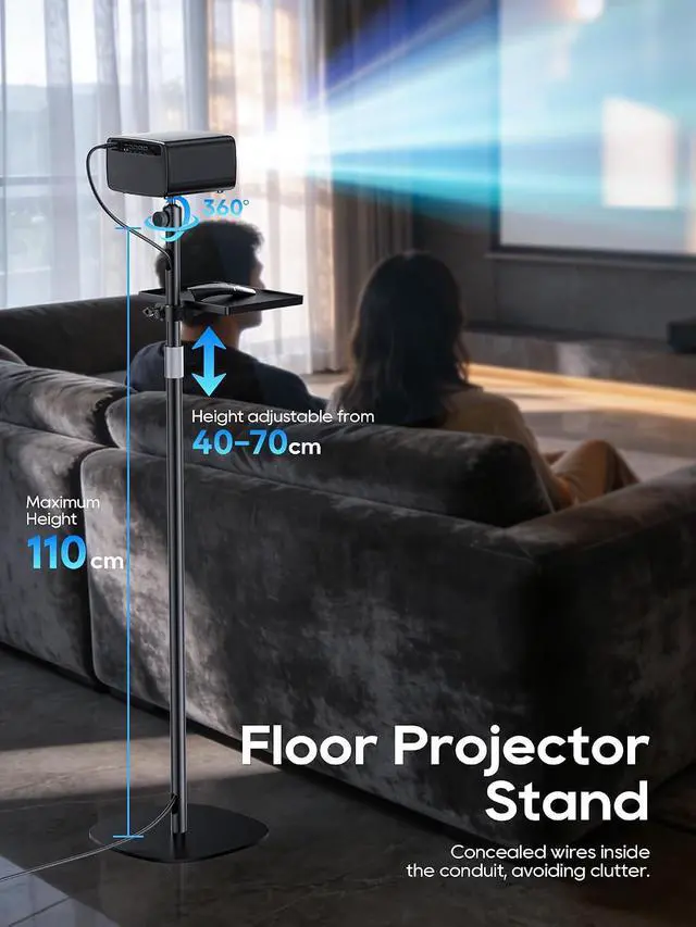 Alt view image 2 of 7 - Projector Stand with Hidden Cable Management, Height Adjustable Floor Mount with 360° Rotation & 1/4" Screw, Compatible with Projector, Camera, Webcam for Home, Office & Outdoor Use (Black)