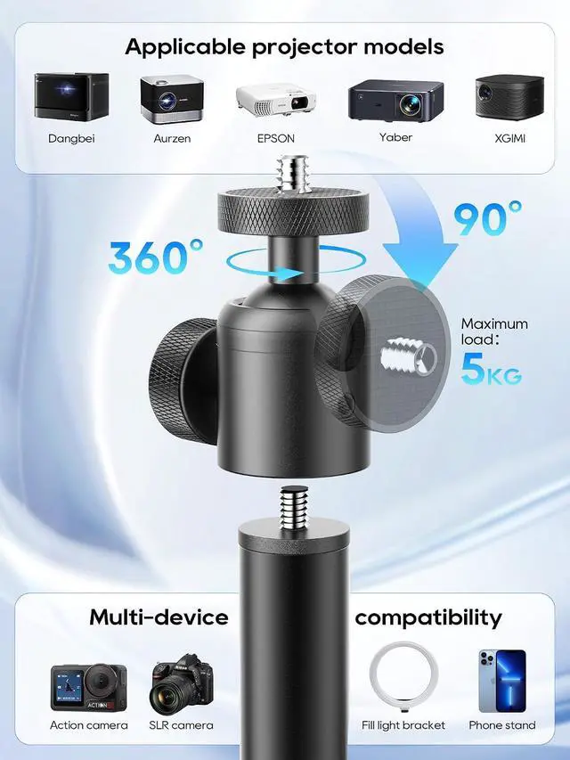 Alt view image 4 of 7 - Projector Stand with Hidden Cable Management, Height Adjustable Floor Mount with 360° Rotation & 1/4" Screw, Compatible with Projector, Camera, Webcam for Home, Office & Outdoor Use (Black)
