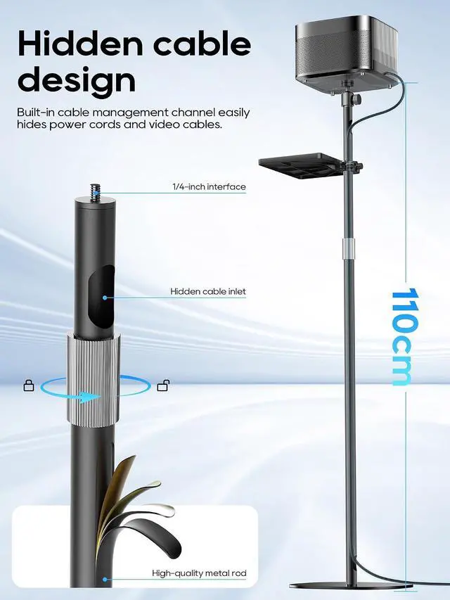 Alt view image 5 of 7 - Projector Stand with Hidden Cable Management, Height Adjustable Floor Mount with 360° Rotation & 1/4" Screw, Compatible with Projector, Camera, Webcam for Home, Office & Outdoor Use (Black)