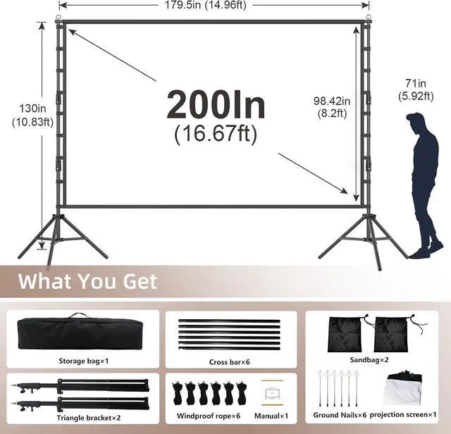 Alt view image 2 of 6 - Wootfairy 200inch Outdoor Projector Screen with Stand Portable Wrinkle-Free