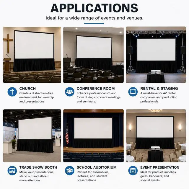 Alt view image 7 of 7 - SCREENPRO Black Fast Fold Projection Screen Skirt Covers Screen Legs, Wrinkle-Free, Fits 100"-144" Screens, Quick Install, Ideal for Conferences, Weddings & Large Events