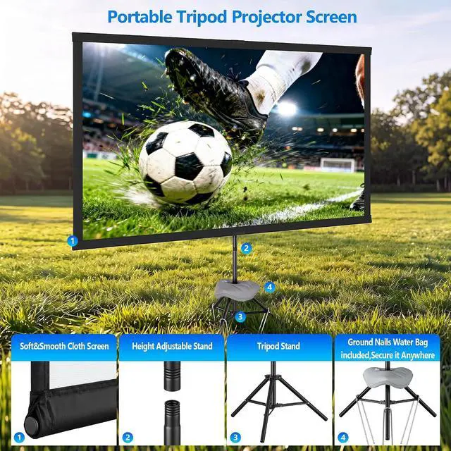 Alt view image 4 of 7 - Portable Projector Screen with Tripod Stand, 80in Projection Screen Outdoor for Backyard, Camping, Washable Cloth Projector Screen with Water Weight Bag, Indoor Movie Screen, 16:9