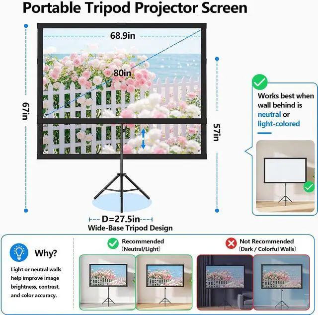 Alt view image 5 of 7 - Portable Projector Screen with Tripod Stand, 80in Projection Screen Outdoor for Backyard, Camping, Washable Cloth Projector Screen with Water Weight Bag, Indoor Movie Screen, 16:9