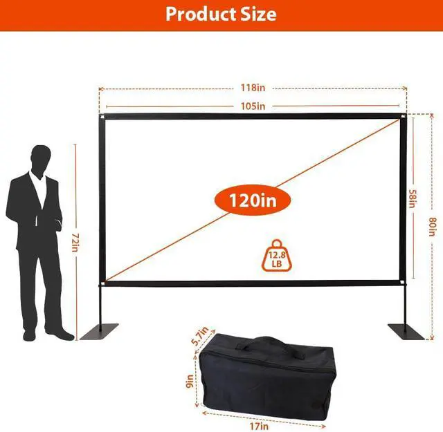 Alt view image 3 of 7 - Projector Screen with Stand, 120 inch Outdoor 16:9 4K Front Rear HD Portable Projector Screen Indoor Foldable Movie Screen with Carry Bag, Sandbag for Home Backyard, Camping, Theater