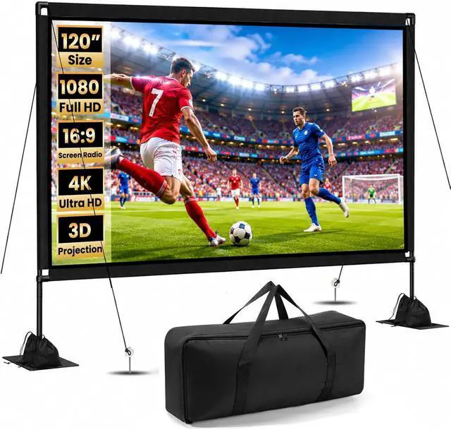 Main image of 120 inch Projector Screen with Stand, 16:9 4K HD Portable Outdoor Indoor Movie Screen, Lightweight Projection Screen with Carry Bag & Sandbag for Backyard, Home Theater, Camping