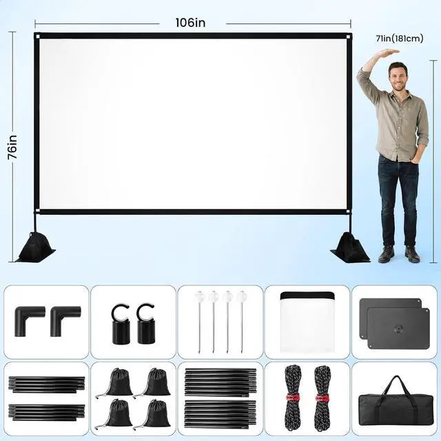Alt view image 6 of 7 - 120 inch Projector Screen with Stand, 16:9 4K HD Portable Outdoor Indoor Movie Screen, Lightweight Projection Screen with Carry Bag & Sandbag for Backyard, Home Theater, Camping
