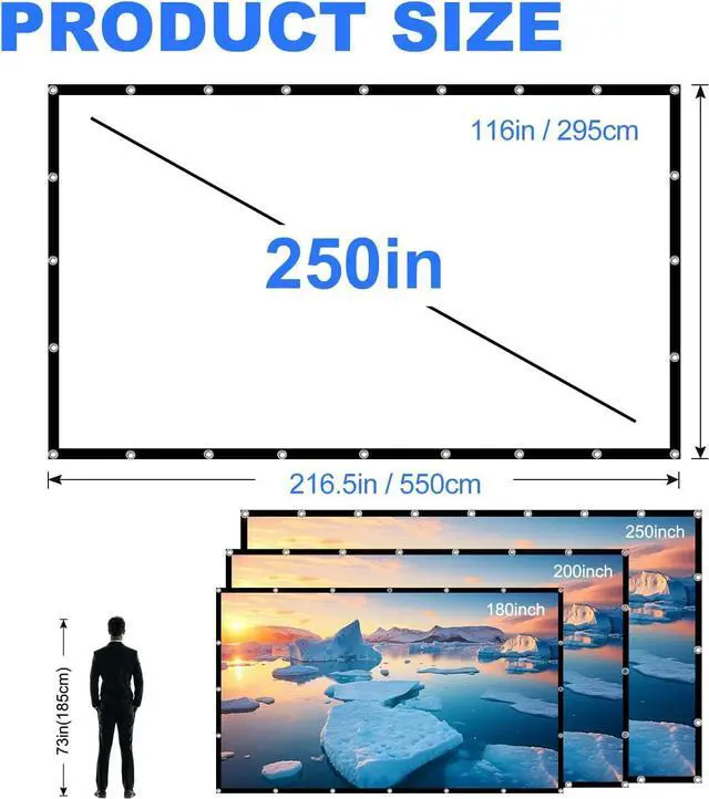 Alt view image 5 of 7 - Projector Screen 250 INCH, DUYIKJ Foldable Washable Portable Rear Front Projector Screen 4K Indoor Outdoor 16:9 HD Projection Movies Screen for Backyard Home Theater Office